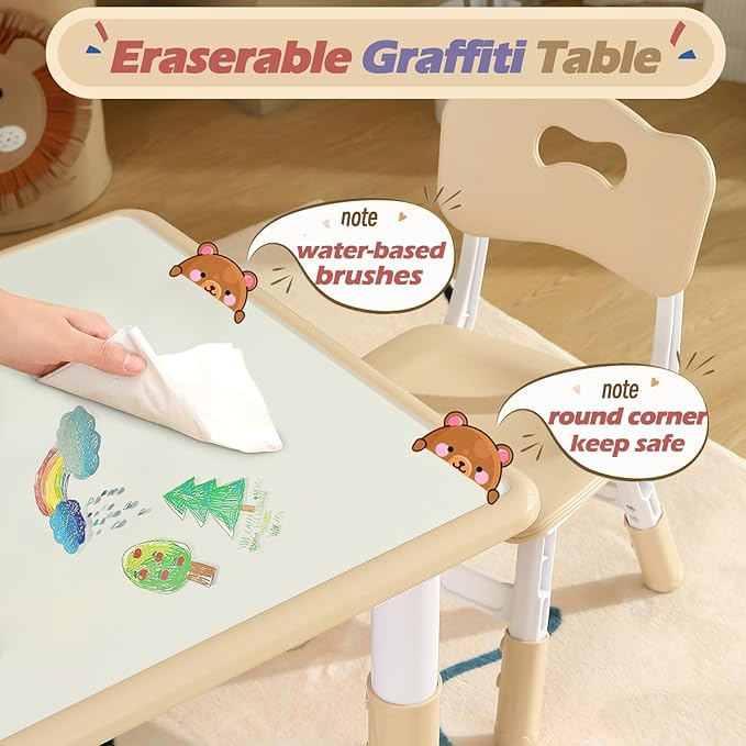 Kids Table and 2 Chair Set, Toddler Table and Chair Set Height Adjustable, 31.5''L x 23.6''W Multifunctional Kids Table for Reading, Drawing, Eating, for Ages 2-10, White Board + Beige