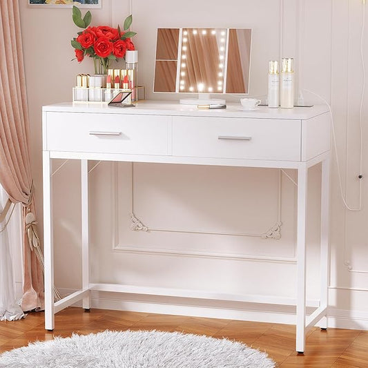 Cyclysio Vanity Desk with Mirror and Lights, 36'' Makeup Vanity Desk with Power Outlet, Small Vanities Set Dressing Table with Drawers for Bedroom, White