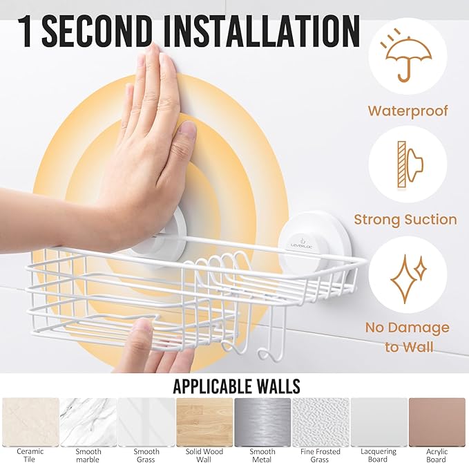 LEVERLOC Shower Caddy Suction Cup, Heavy Duty Bathroom Organizer for Inside Shower with Hooks & Soap holder, NO-Drilling Bathroom Holder-White