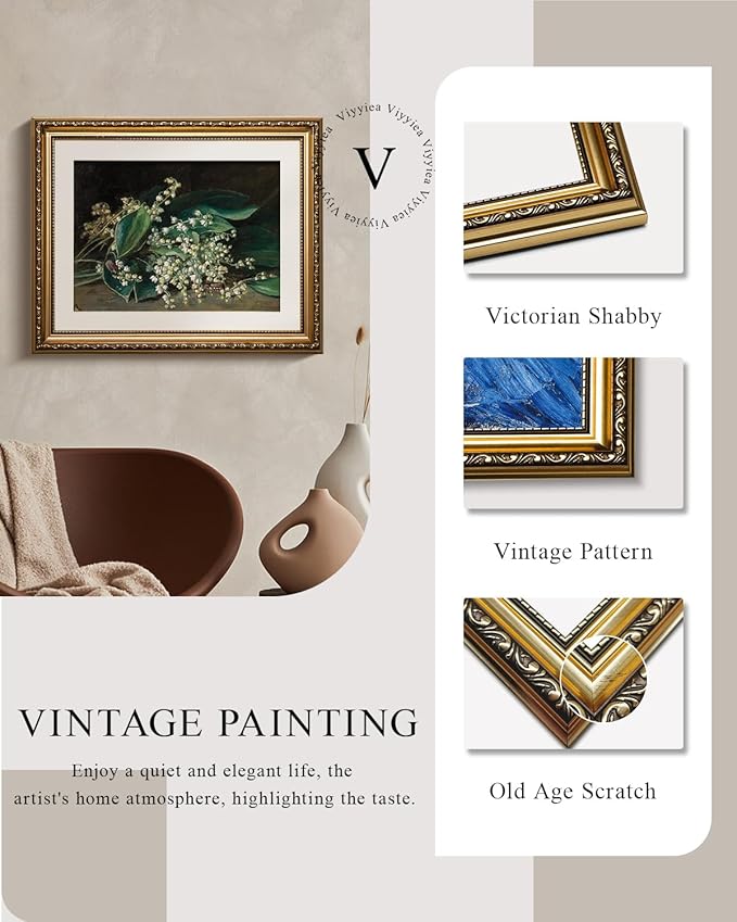 VIYYIEA Gold Framed Wall Art Canvas Print Home Decor Botanical Plant Wall Art Prints Bathroom Wall Decor Green Suzuran Plant Flower Wall Picture for Bedroom Floral Kitchen Art Boho Room Decor 13x16in