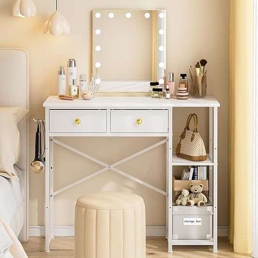 White Vanity Desk Without Mirror for Bedroom, Makeup Desk with 2 Fabric Drawers, Vanity Desk with Iron Hook, 36 Inches Vanity with Storage, White