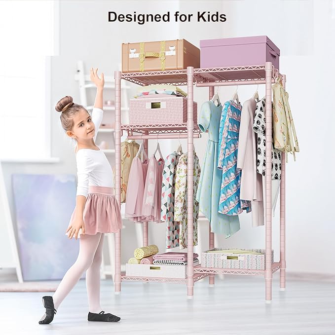 Ulif F1 Clothes Rack for Kids, Baby, Students, and Children's Room, 4 Tiers Portable Metal Closet Clothing Rack, Small Garment Rack with 2 Hanging Rod, 31.2" W x 11.8" D x 48" H, Pink