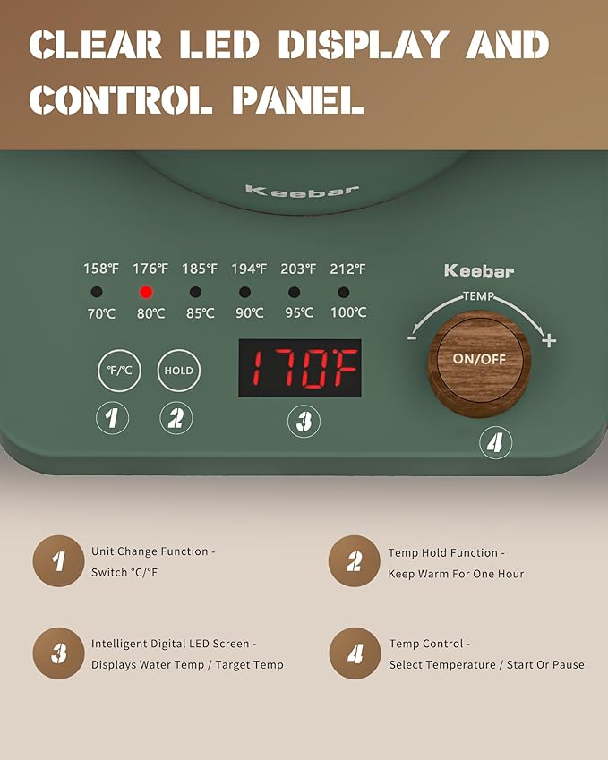 Electric Kettle, 1000W Quick Heating Gooseneck Kettles, 0.8L/27.05oz, 0.8mm Ultra-Fine Spout, Precise Water Flow Control, 304 Stainless Steel Inner, Auto Shut-Off, Boil Dry Protection, Matte Green