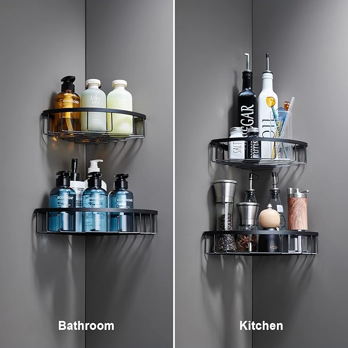Corner Shower Caddy Organizer, SUS304 Stainless Steel Heavy Duty Rust-Proof Shelf, Wall Mounted Storage Rack for Bathroom, 2 Packs Matte Black
