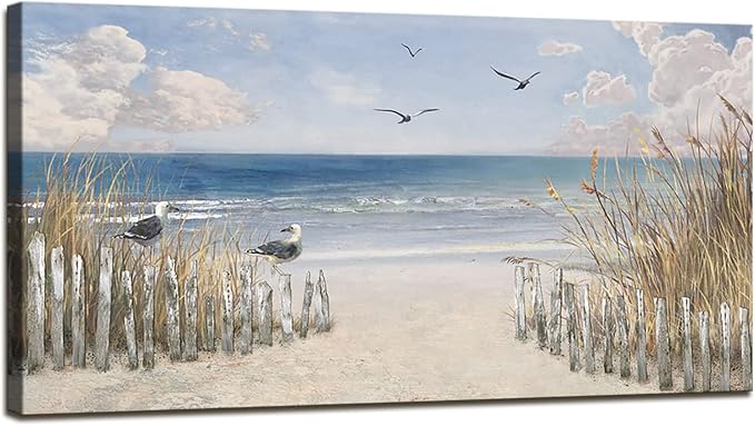 XXMWallArt FC3775 Sandy Beach Wall Art Canvas Print Wall Art Seascape Blue Print Home Decor Abstract Coastal Picture Modern Ocean Artwork for Living Room Bedroom Bathroom Office Decor