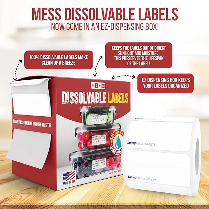 MESS Dissolvable Food Labels, Blank, 1x2 500/Roll - Dissolves in 30 Seconds or Less - Removable Pantry, Meal Prep & Food Storage Labels – Canning & Freezer Use