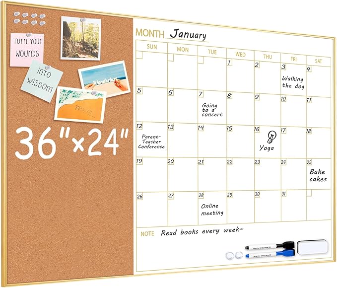 ARCOBIS Whiteboard Calendar with Cork Board, 36"x24" Magnetic White Board Calendar Dry Erase for Wall, Gold Frame Monthly Combination Board for Office, Home, School