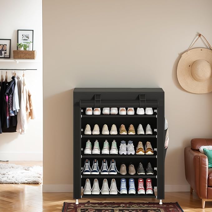 Laiensia 5-Tier Vertical Shoe Rack Organizer, Space Saving Shoe Storage Organizer, Non-Woven Cover Shoe Shelf Holds 20-25 Pairs for Bedroom, Hallway, Closet Entryway, Black