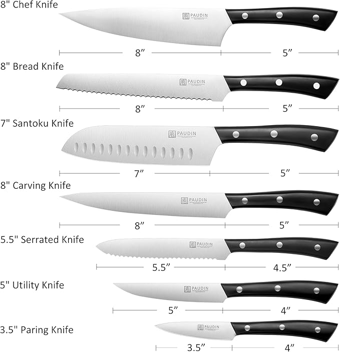 PAUDIN Kitchen Knife Set, 7 Piece Chef Knife Set, High Carbon Stainless Steel Kitchen Knives, Ultra Sharp Knives Set for Kitchen, Precise Cutting, Durable with Ergonomic Handle, Black