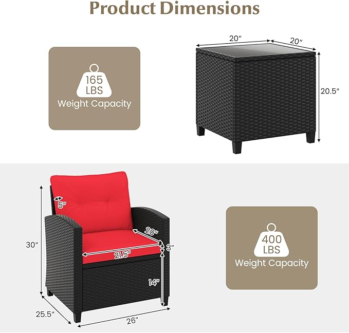 Tangkula 3 Pieces Patio Furniture Set, Rattan Conversation Set w/Soft Seat & Back Cushions, Tempered Glass Topped Coffee Table, Cushioned Wicker Seating for Backyard, Porch, Poolside (Red)