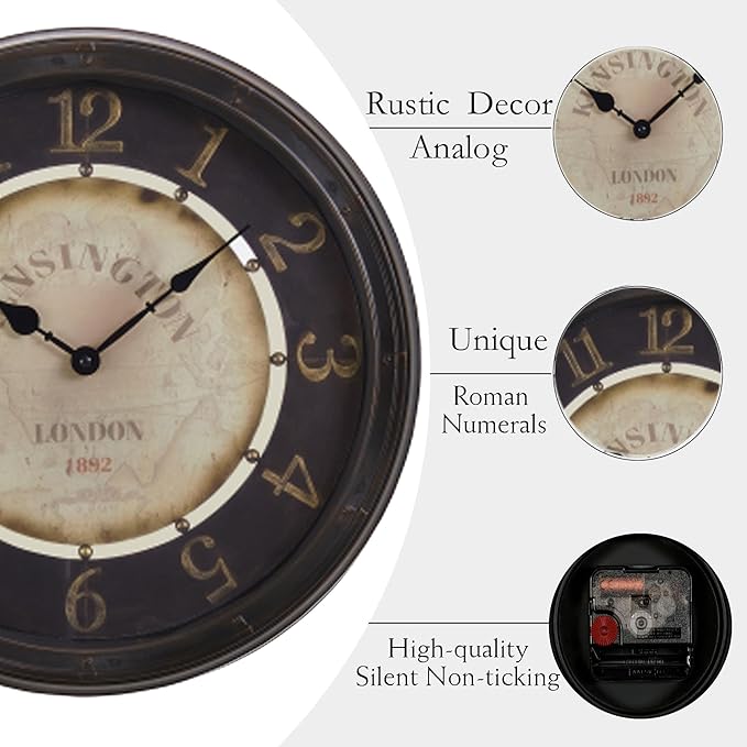 16 Inch Vintage Wall Clock, Silent Non-Ticking Quartz Battery Operated Decorative Clock for Home, Kitchen, Living Room, Dining Room, Office, Gold Brown Arabic Number