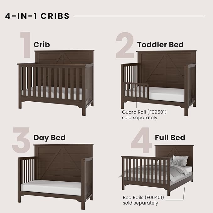Child Craft Woodland 4-in-1 Convertible Crib, Baby Crib Converts to Day Bed, Toddler Bed and Full Size Bed, 3 Adjustable Mattress Positions, Non-Toxic, Baby Safe Finish (Brushed Truffle)