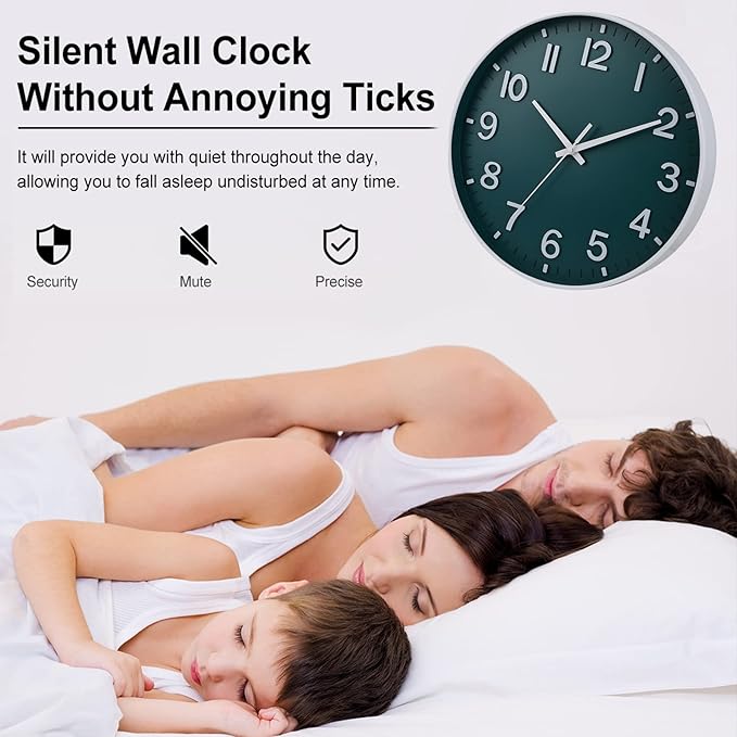HZDHCLH Green Wall Clocks Battery Operated,12 inch Silent Non Ticking Modern Wall Clock for Living Room Bedroom Kitchen Office Classroom Decor