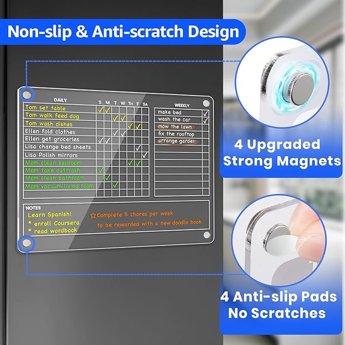 PigPotParty Magnetic Chore Chart for Adults & Teens & Kids on Fridge – 12"x9.5" Acrylic Dry Erase Chore Board with Daily, Weekly & Notes Sections – Includes 8 Fine Point Markers & Towel