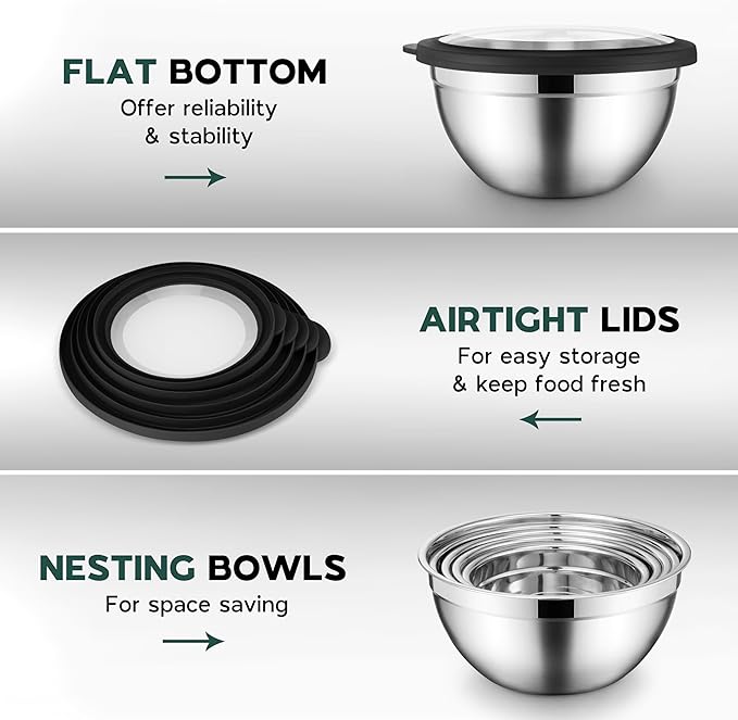 Stainless Steel Mixing Bowls with Black Lids, Metal Nesting Mixing Bowl Set of 5 - Size 1.5, 2, 2.6, 3.5, 4.6QT