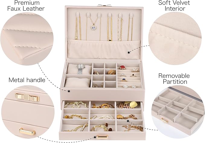 HofferRuffer Jewelry Box with Drawer for Women‌ Girls, Faux Leather Storage Jewelry Organizer Jewelry Case with Two Layers Display for Earrings Rings Necklaces (White)