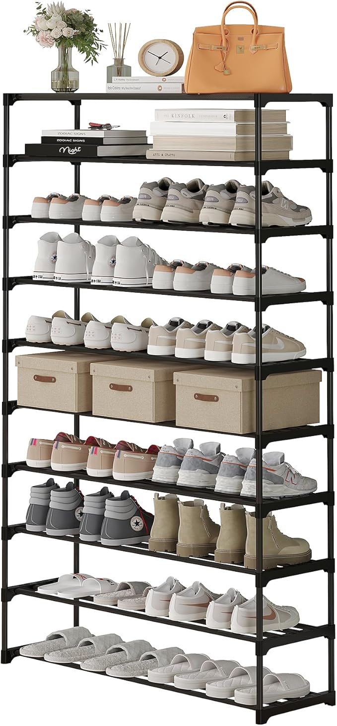 Calmootey 10-Tier Shoe Rack, Tall Large Capacity 50 Pairs Shoes Storage Organizer, Stackable Wide Shoe Shelf for Entryway, Hallway, Black
