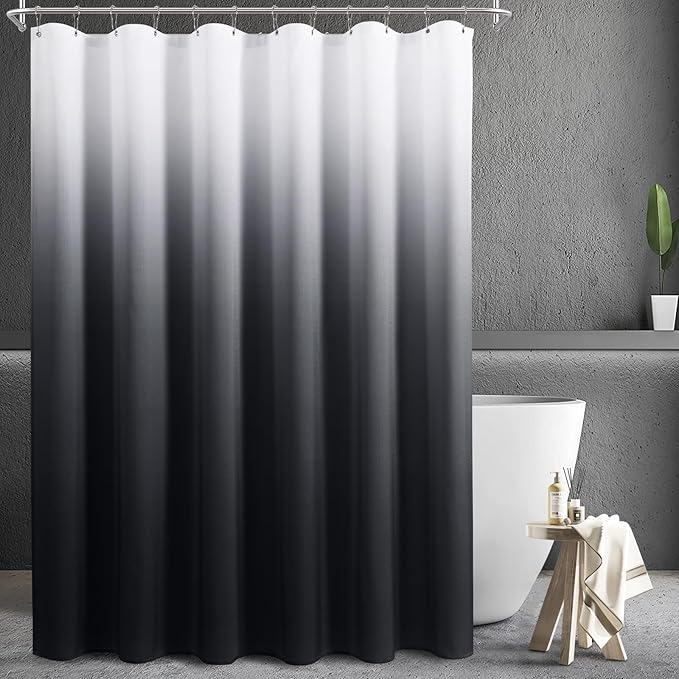 Black Shower Curtains for Bathroom, Ombre Textured Fabric Shower Curtain Set, Hotel Spa Luxury with 12 Hooks, Machine Washable, Decorative Bathroom Curtain Black 72 x 72