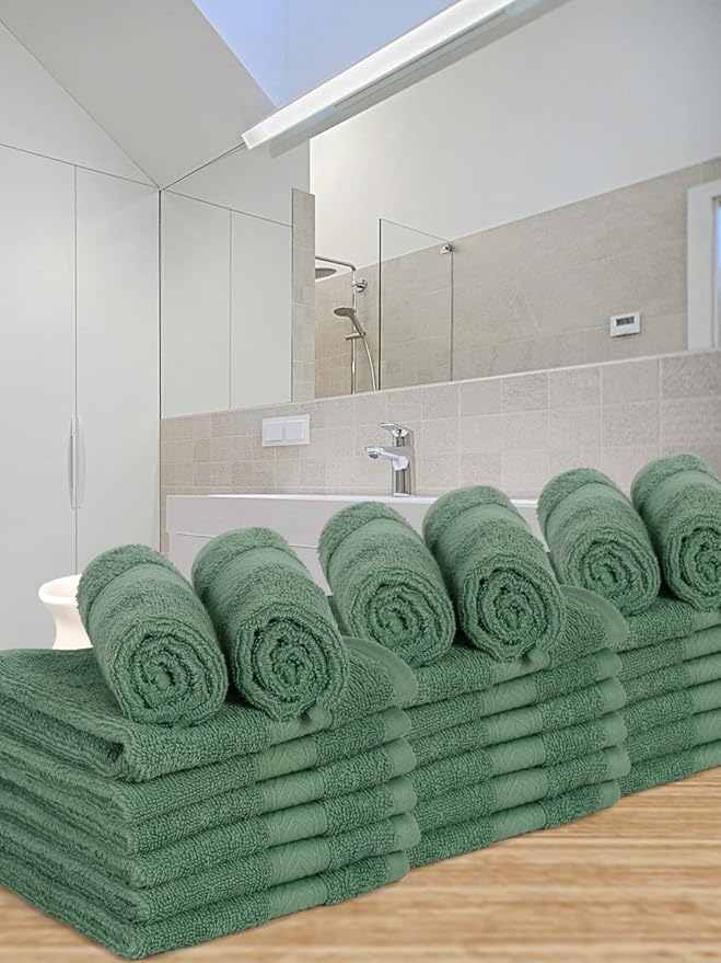 Casa Lino Face Towels & Body Wash Cloths for Showering - 100% Cotton Wash Cloths for Bathroom - Highly Absorbent & Quick Drying Washcloth Set - Cotton Washcloths 24 Pack (12" x 12") - (Green)