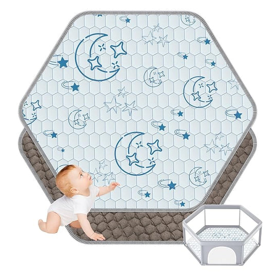 Hexagon Baby Play Mat 59x48 inches: Thick & Soft 6 Panel Playpen Mattress for Babies Toddlers Infant - Non-Slip Silicon Dot Crawling Mats - Foldable & Machine Washable Large Floor Playmats