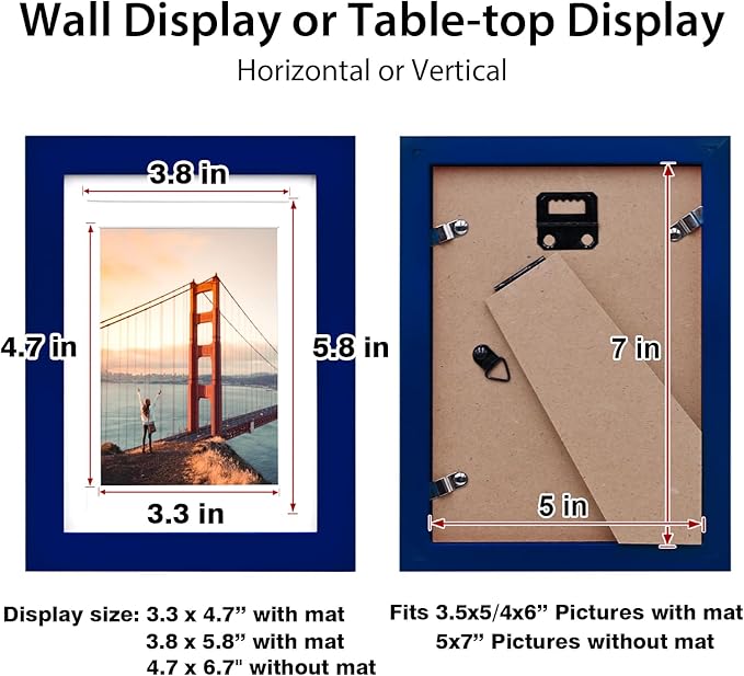 KINLINK 5x7 Picture Frame Navy, Solid Wood Frames with Acrylic Plexiglass for 3.5x5/4x6 with Mat or 5x7 without Mat, Tabletop and Wall Display Photo Frame Set of 4