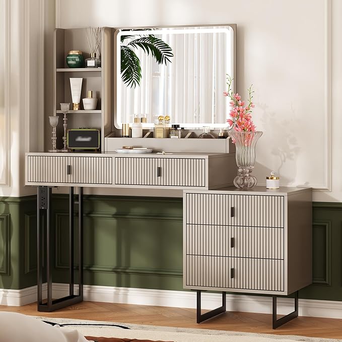 Large Vanity Desk with 3 Color Touch Screen Dimming Mirror, Vanity Desk with Charging Station, Modern Retractable Makeup Dressing Table, Makeup Table with Storage Shelves and 5 Sliding Drawers