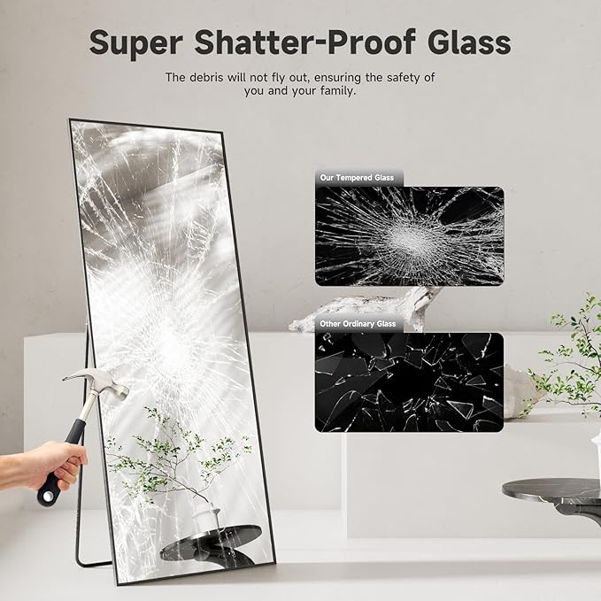 69"x24" Full Length Mirror,Black Tempered Glass Rectangle Floor Standing Mirrors, Wall Mounted Hanging Aluminum Alloy Frame Bedroom Floor