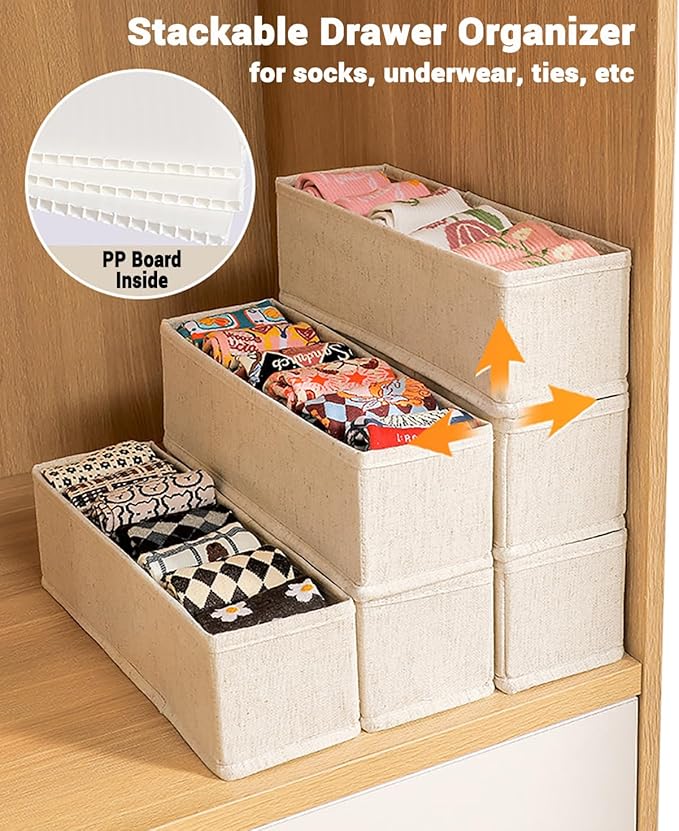 MURRI&MURRDI Mini Foldable Clothes Drawer Organizer 6 Pcs, Fabric Drawer Organizer for Nursery, Small Drawer Fabric Organizer for Clothing, Sock Underwear Bra Belt Tie Scarves Drawer (6 Light Beige)