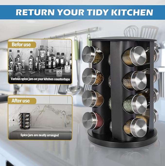 Black Countertop Rotating Spice Rack, 16-Jars Revolving Spice Rack Organizer Tower, 135 Spice Labels with Funnel Complete Set, Seasoning Organizer for Kitchen Countertop, Cabinet