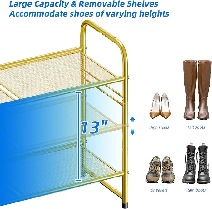 SUFAUY Shoe Rack for Closet, 33 inch Metal Shoe Rack Organizer Heavy Duty, 3 Tier Mesh for Shoes, Gold