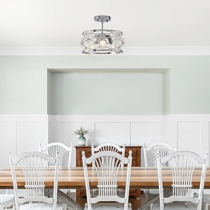 12.6" Semi Flush Mount Ceiling Light Modern 3-Lights Drum Ceiling Lighting with Chrome Finish Vintage Modern Crystal Flower Light Fixture for Bedroom, Entryway, Kitchen, Dining Room, E12