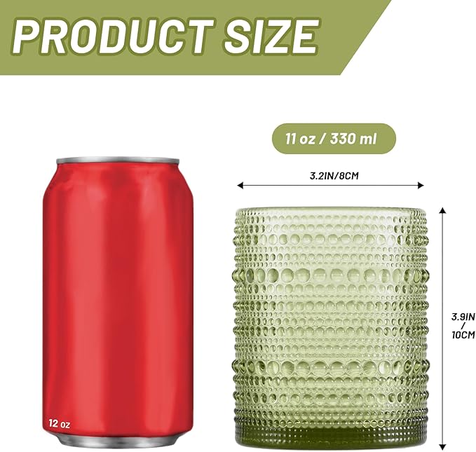 Hobnail Drinking Glasses Set of 6, Vintage Colored Glassware 11oz, Beverage Glass Cups for Water, Juice, Cocktail (Green)