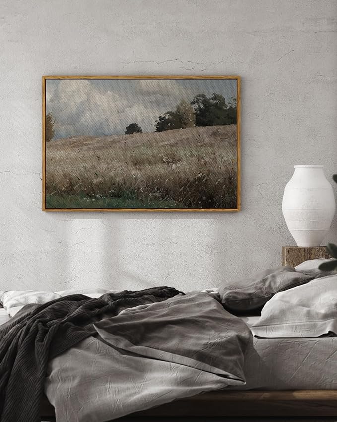 InSimSea Framed Canvas Wall Art Vintage Decor, Farmhouse Scenery Vast Field Grassland Paintings, Large Prints, Nature Landscape Wall Decoration for Living Room Bedroom Bathroom, 24"x36"