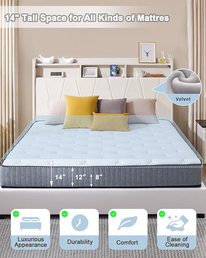 King Size Bed Frame, Velvet Upholstered LED Platform Bed with Headboard Storage, Bed Frame King Built-in Charging Station with 4 Drawers, Wood Slat Support, No Box Spring Needed, Beige