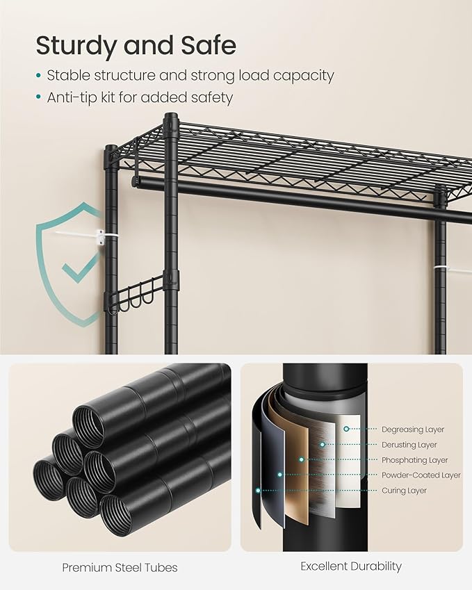 SONGMICS Heavy-Duty Rolling Clothes Rack, Garment Rack, Portable Closet, 35.4-Inch Wide Clothing Rack on Wheels, with Adjustable Mesh Shelves and Hanging Rails, Hooks, Ink Black ULGR413B01