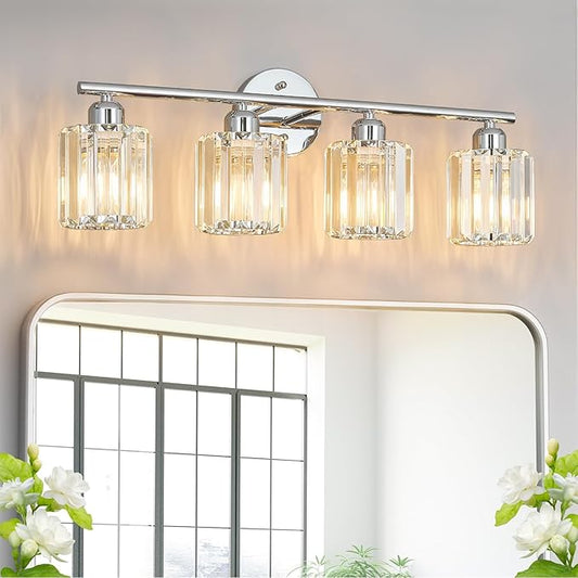 Modern 4 Light Crystal Vanity Light, Chrome Vertical Bathroom Light Fixture Over Mirror for Dressing Table Sink, Compatible with Dimmable Bulbs (Bulbs Not Included)