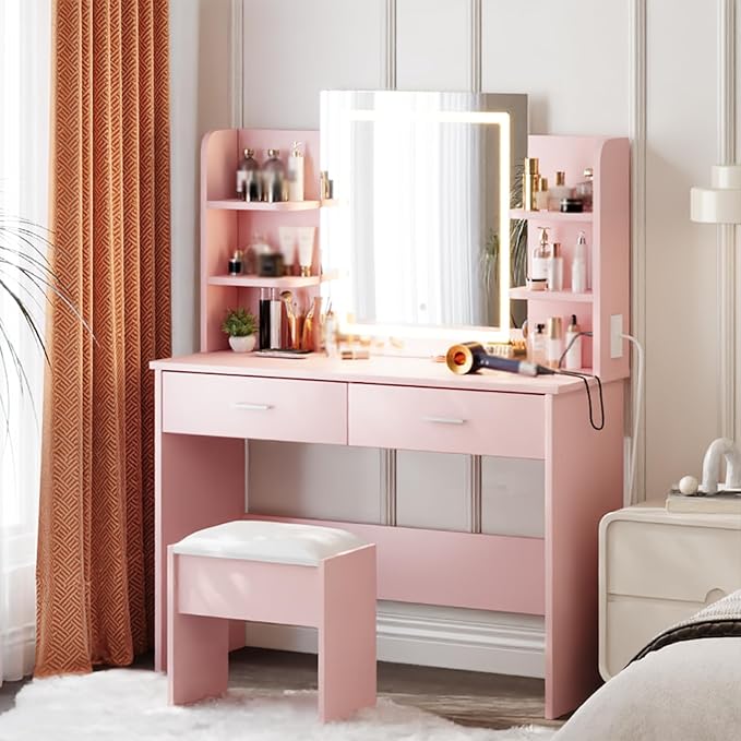 Garvee Vanity Desk with Lights | Tri-Mode LED Lighted Mirror & Charging Station | Makeup Vanity Set with 6 Shelves, 2 Drawers, Soft Cushion Stool | Dimmable Vanity Desk for Bedroom (Pink)