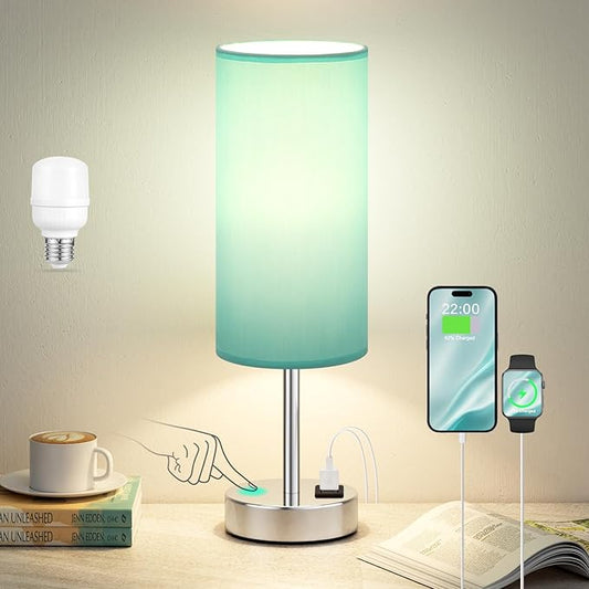 Teal Touch Bedside Lamps for Bedroom - Small Coastal Nightstand Lamp with USB-C and USB A Charging Ports, 3 Way Dimmable Control Table Lamp for Office, Dorm with Fabric Shade Silver Base