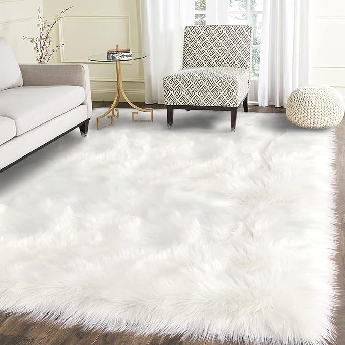 Latepis White Faux Fur Sheepskin Rug 4x6 for Living Room, Fuzzy Rugs Fluffy Washable Rug for Bedroom, Playroom, Luxury Room Decor, Rectangle