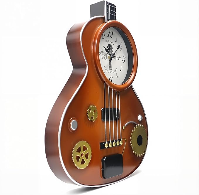 Guitar Wall Clock – Retro Brown Metal Guitar-Shaped Clock with Gears, Silent Non-Ticking, Music Room Decor for Musicians, Music Lovers, Men, Teens, 16"