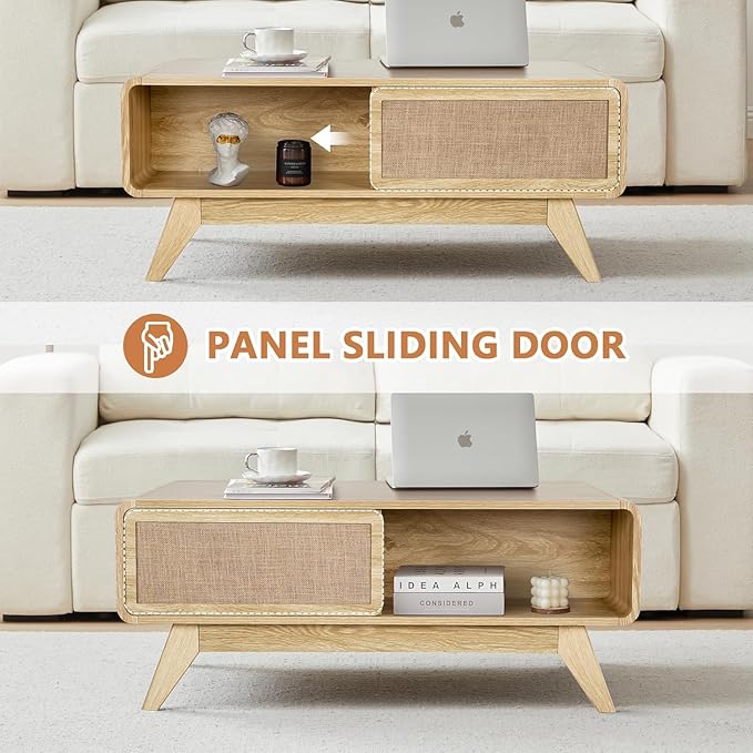 AVZEAR Boho Modern Coffee Table with Storage for Living Room, Wood Coffee Table with Nature Linen Doors, Curved Edge Center Table Farmhouse Coffee Tables for Living Room, Natural Color