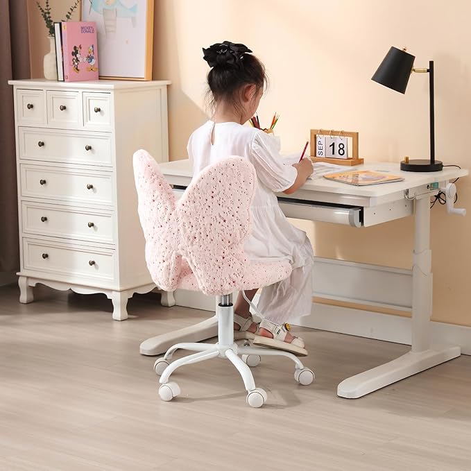 Cute Fuzzy Kids Chair for Teenage Girls Rolling Study Desk Student Chair Furry Computer Task Chair, Adjustable Butterfly Shaped Reading Vanity Chair for Bedroom, Pink