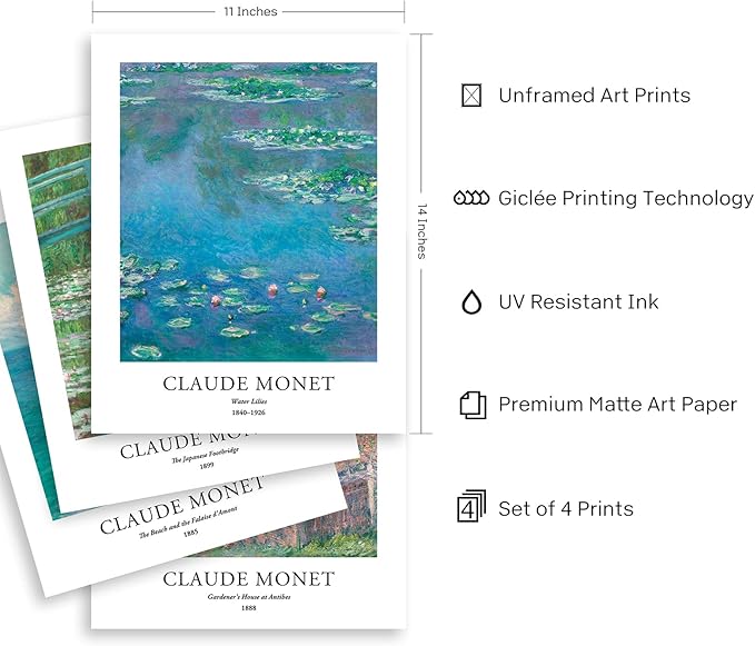 EVOLE HOME - Claude Monet Giclée Art Print Set of 4 Unframed 11x14 Inch Impressions on Premium Matte Art Paper for Home or Office Decor