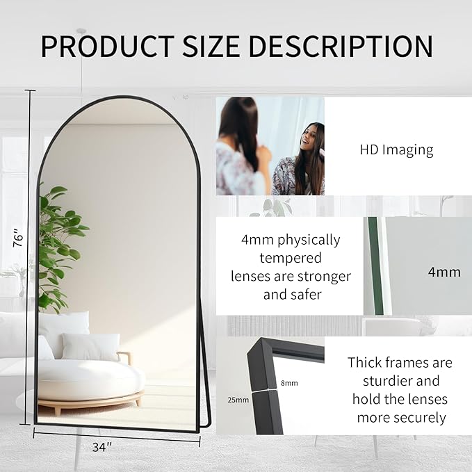 Beauty4U 76" x 34" Large Arched Full Length Mirror with Stand, Black Wall Mounting Full Body Tempered Mirror, Metal Frame Full-Length Mirror for Living Room, Bedroom