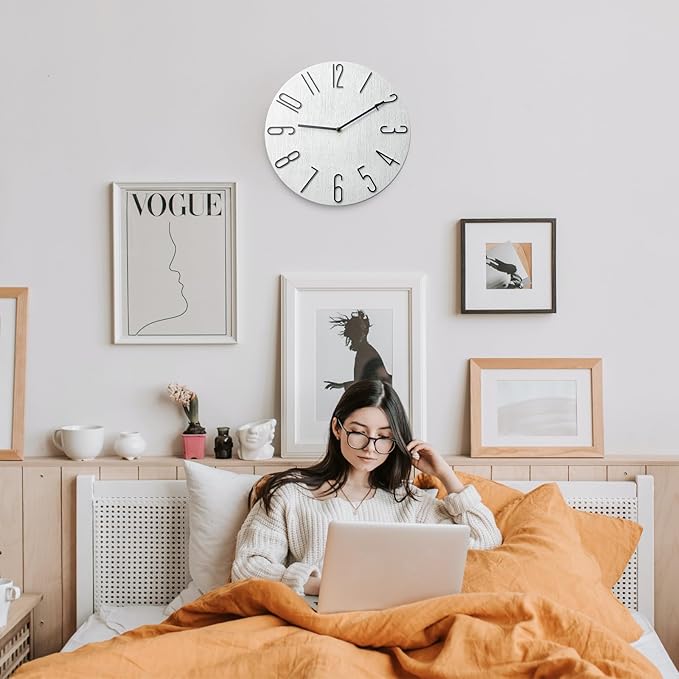 12 Inch Wall Clock Silent Non Ticking, Preciser Modern Style Decor Clock for Home, Office, School, Kitchen, Bedroom, Living Room, Wall Clock Without Second Hand