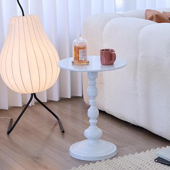 Elegant Vintage Round Side Table with Roman Columns - Sturdy Metal Design, Perfect as a Coffee, End, Tea, or Leisure Table for Living Room and Bedroom Decor, (White 1 Pack)