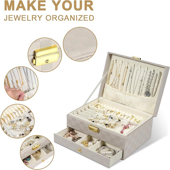 Jewelry Box for Women Girl Wife - Large PU Leather Jewelry Organizer Storage Case with Two Layers Display for Earrings Bracelets Rings Watches (Light Khaki)