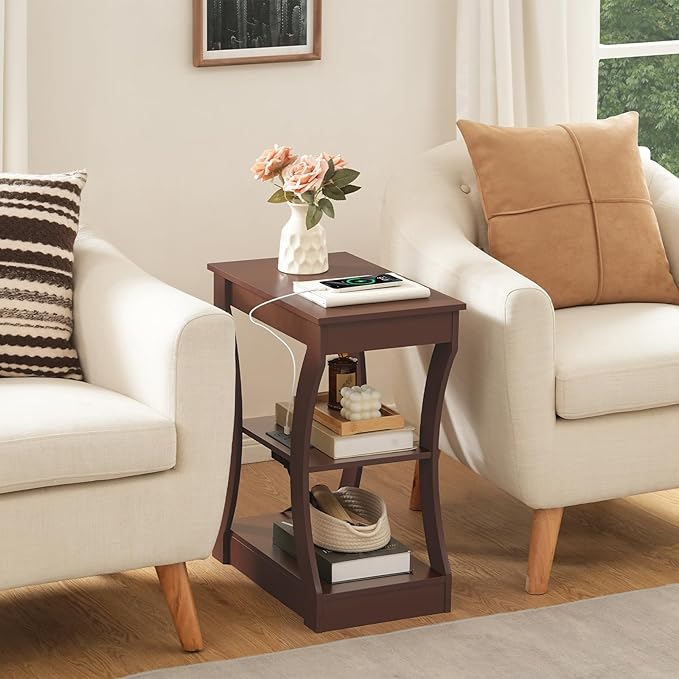 End Table with Charging Station, Side Table with USB Ports and Outlets, 3 Tier Nightstand with Storage Shelf for Small Spaces, Living Room, Bedroom, Cherry ETWA53E01