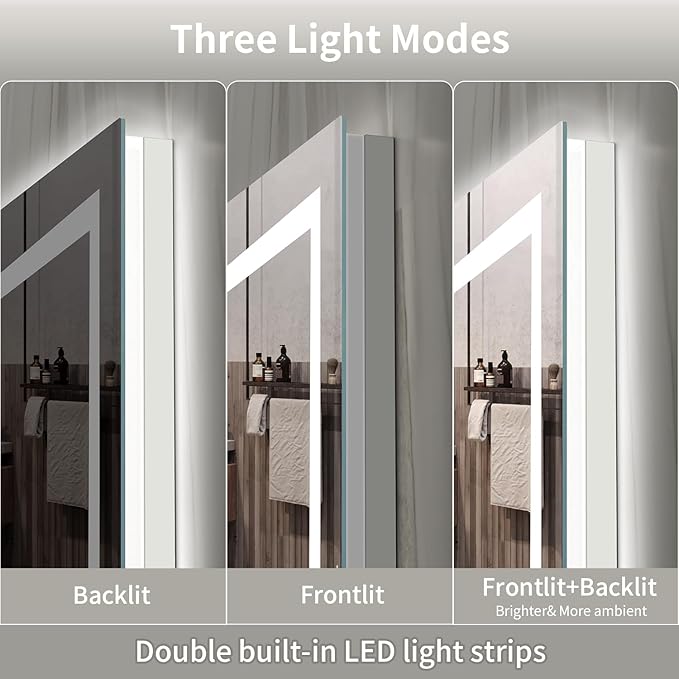LED Mirror for Bathroom, 48x40 Inch Backlit + Front Lighted Bathroom Vanity Mirror with Lights for Wall, Double Light Strips, 3 Colors, Shatter-Proof, Anti-Fog and Brightness Memory