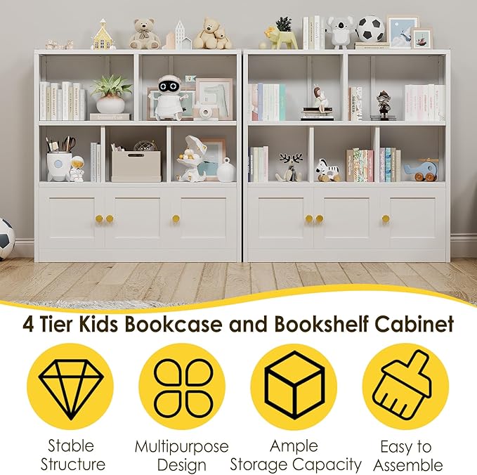 Toy Storage Organizer and Metal Kids Bookshelf with 3 Storage Cabinet and 5 Open Shelves, Multifunctional Display Shelf for Bedroom & Playroom, Ideal for Organizing Books, Toys & Decor, White